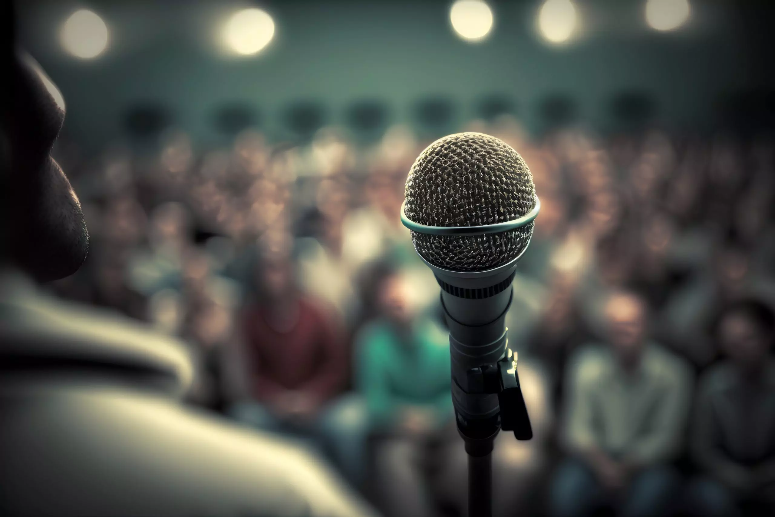 Microphone in front of a crowd at a conference hall or seminar