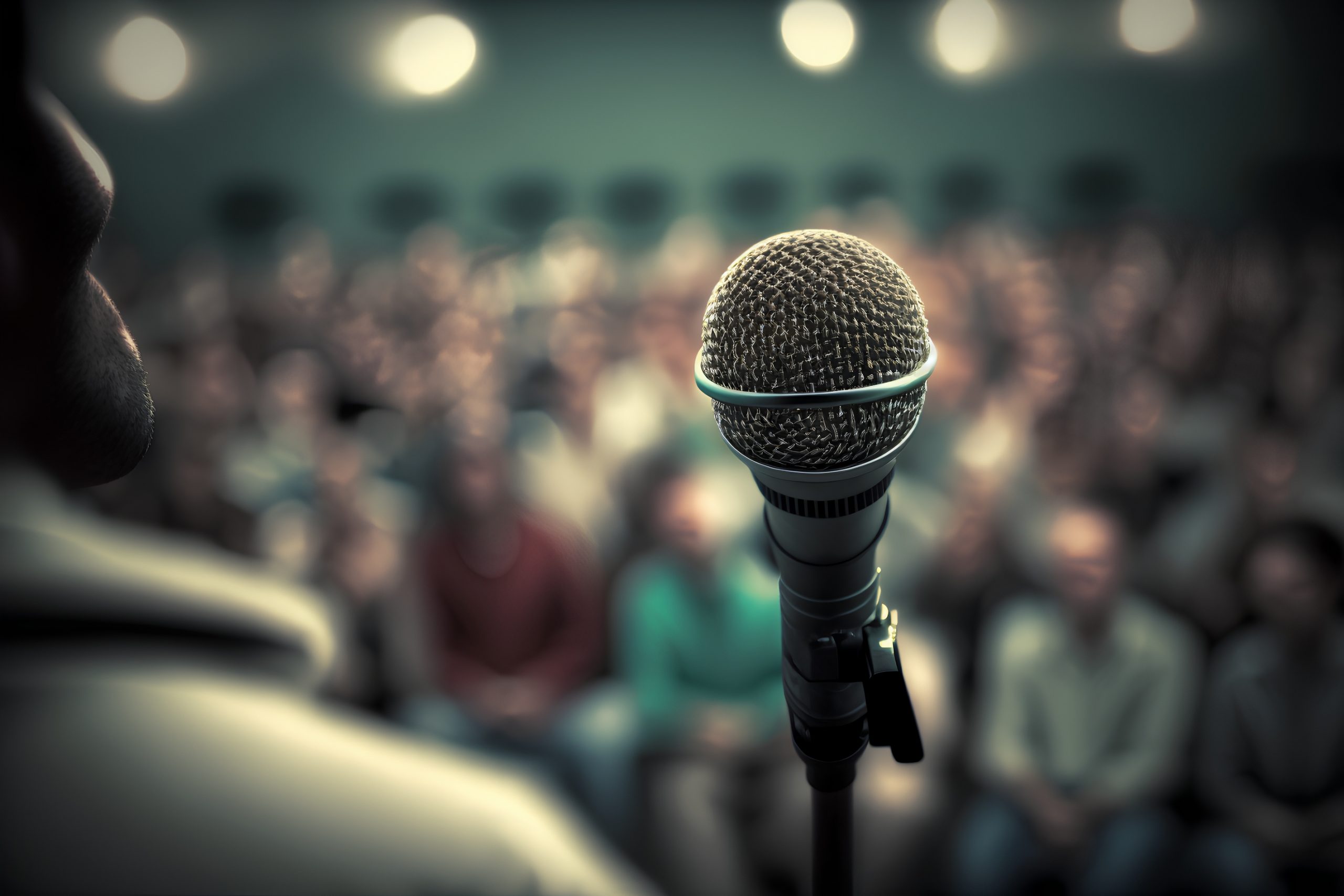 Microphone in front of a crowd at a conference hall or seminar Microphone in front of a crowd at a conference hall or seminar