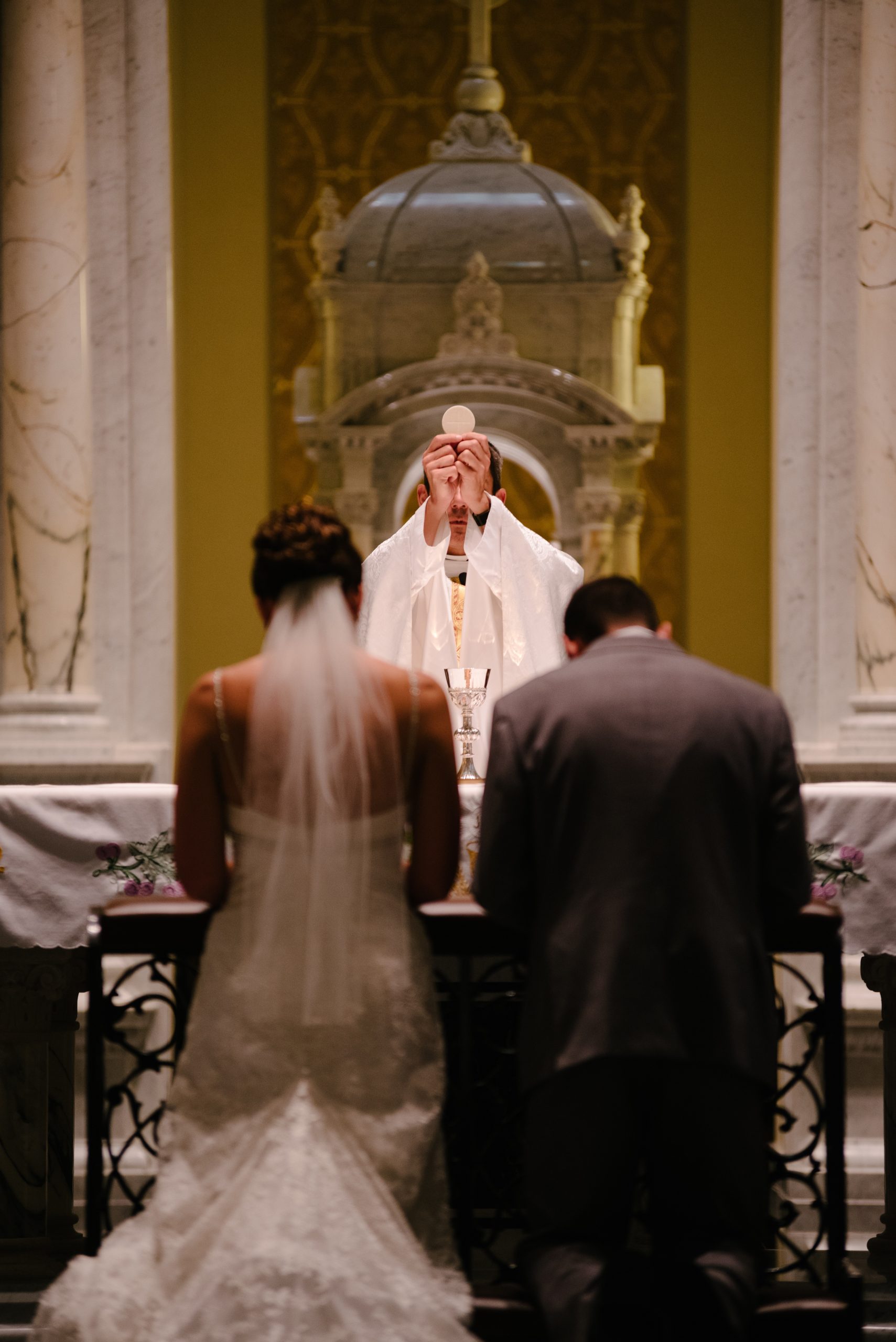 Wedding blog wedding, mass, priest, bride, groom, gown, suit, altar, ceremony